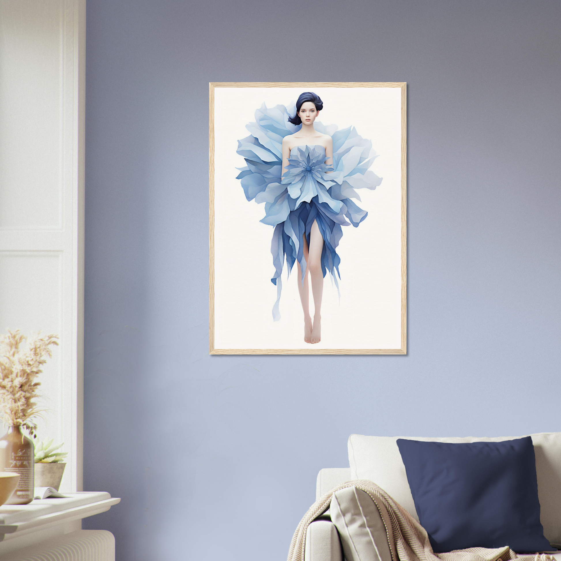 A woman in a blue dress with a large flower on her head