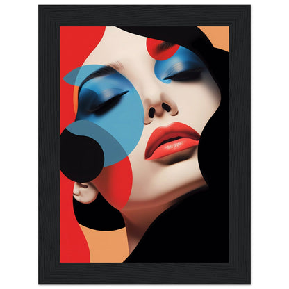 A woman with blue and red makeup and a black frame