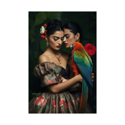 A woman in a dress holding a parrot