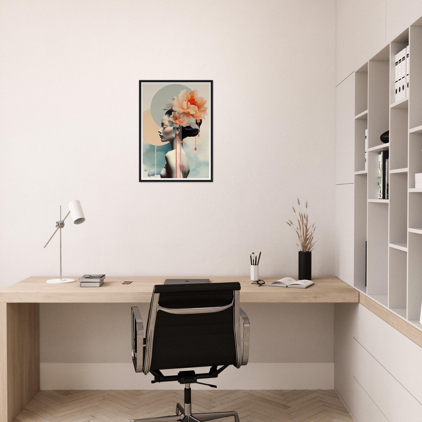 A woman with a flower in her hair sitting at a desk