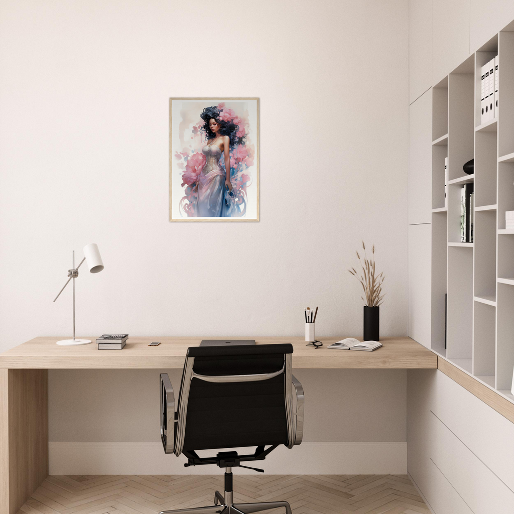 A woman with a flower in her hair sitting at a desk