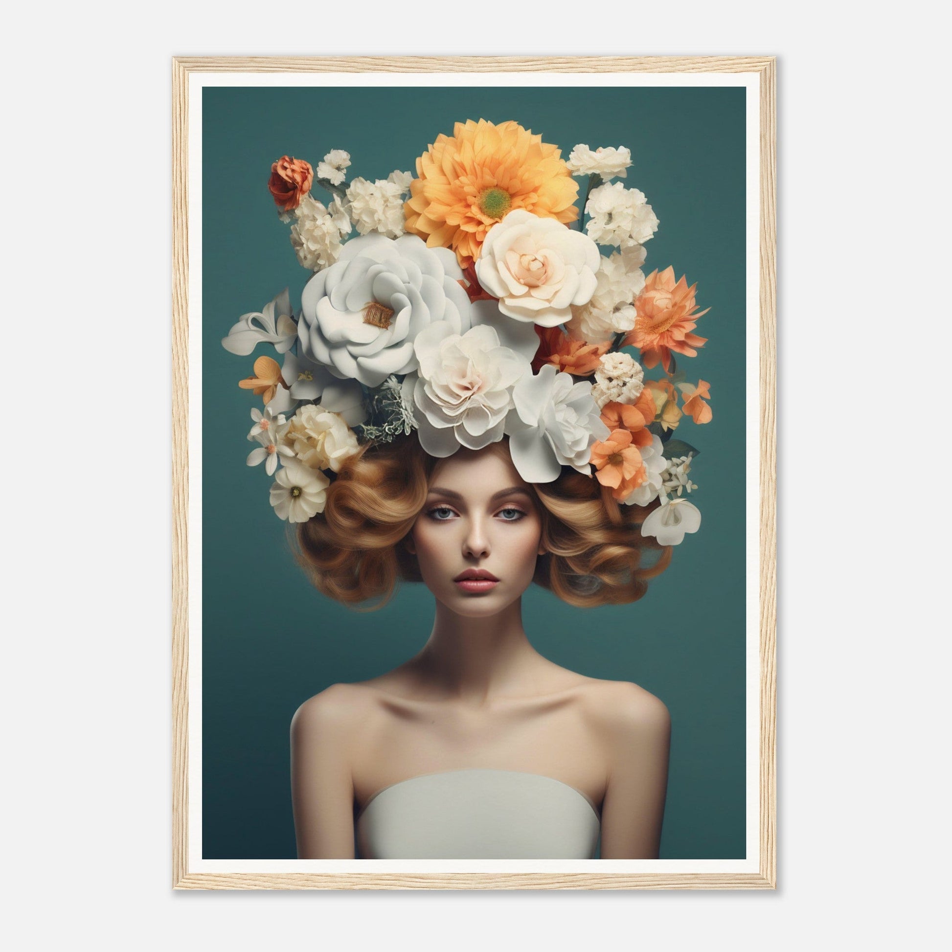 A Flower Head #12 The Oracle Windows™ Collection wall art depicting a woman adorned with flowers on her head, perfect for transforming your space.