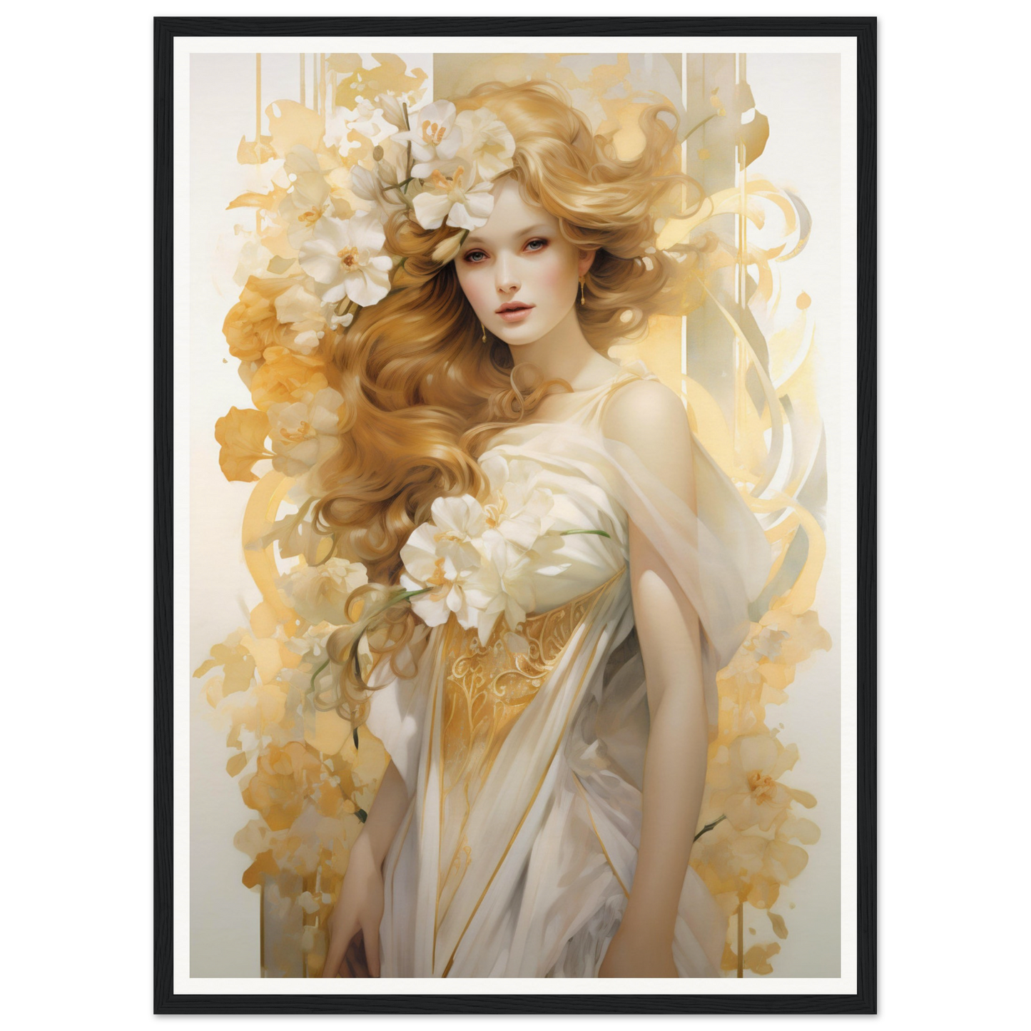 A woman with flowers in her hair, framed print