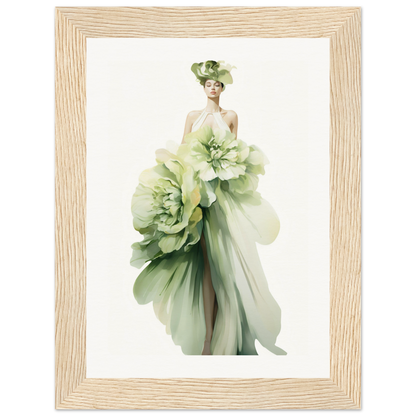 A woman in a green dress with flowers on her head