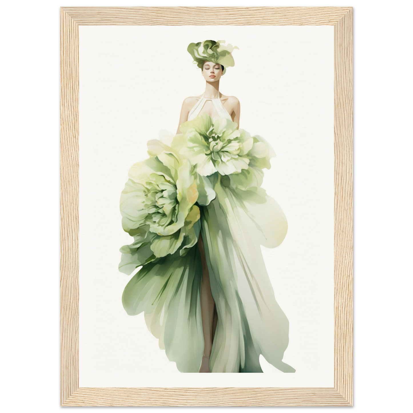 A woman in a green dress with flowers on her head