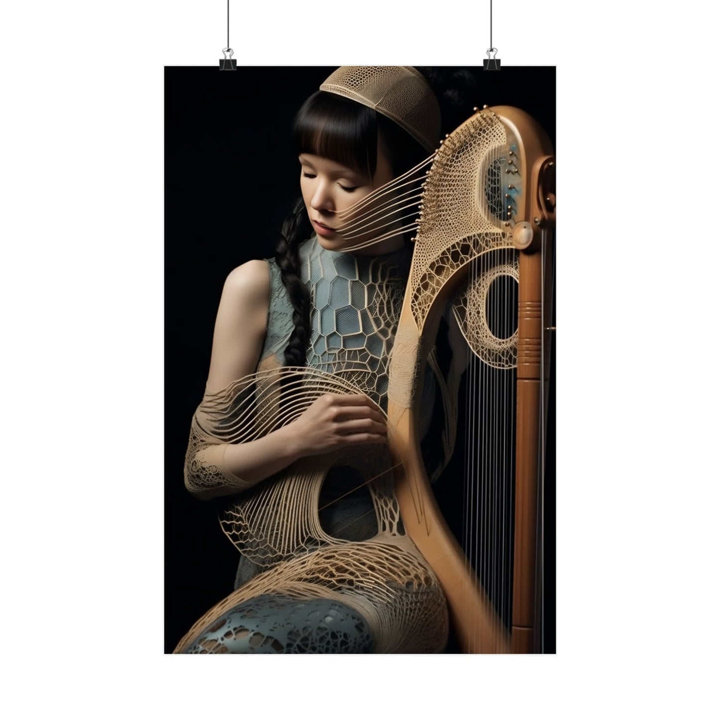 A woman playing a harp with a black background