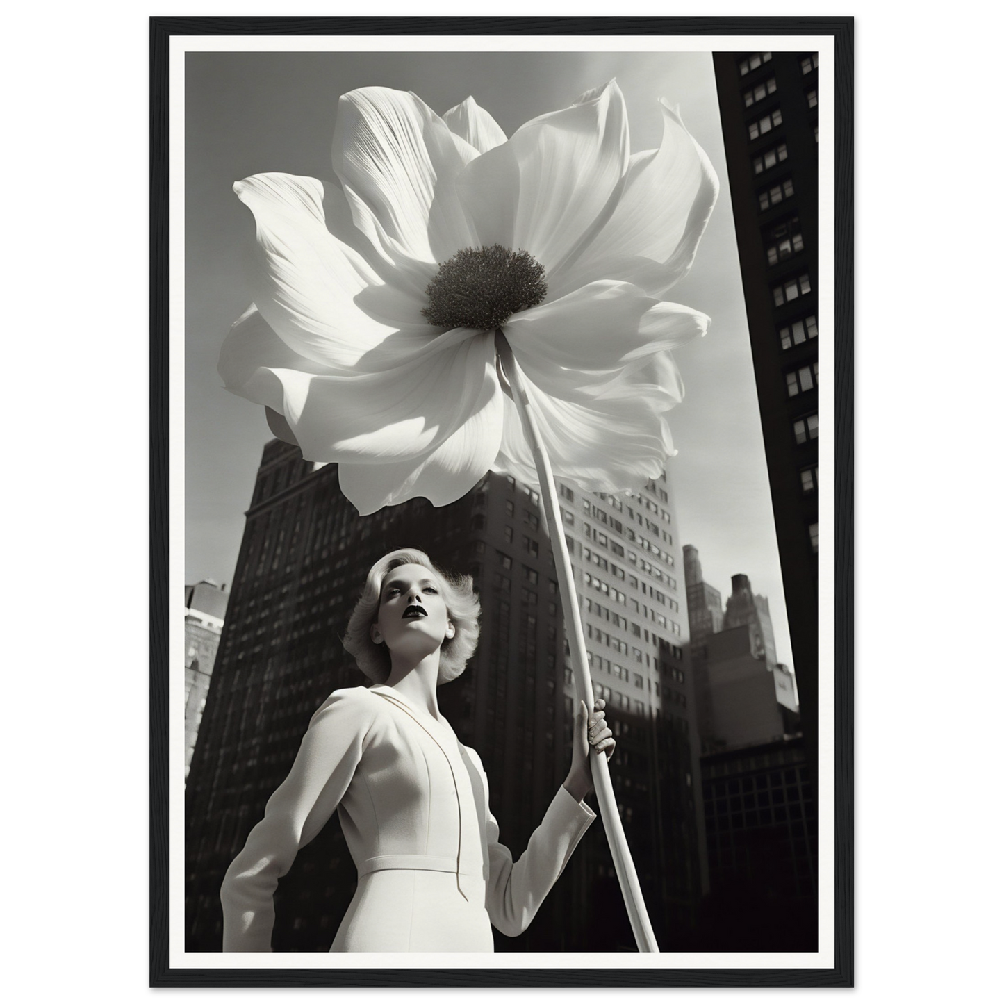 A woman holding a large white flower in front of a tall building