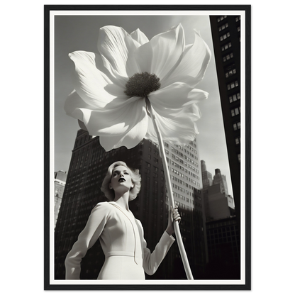 A woman holding a large white flower in front of a tall building