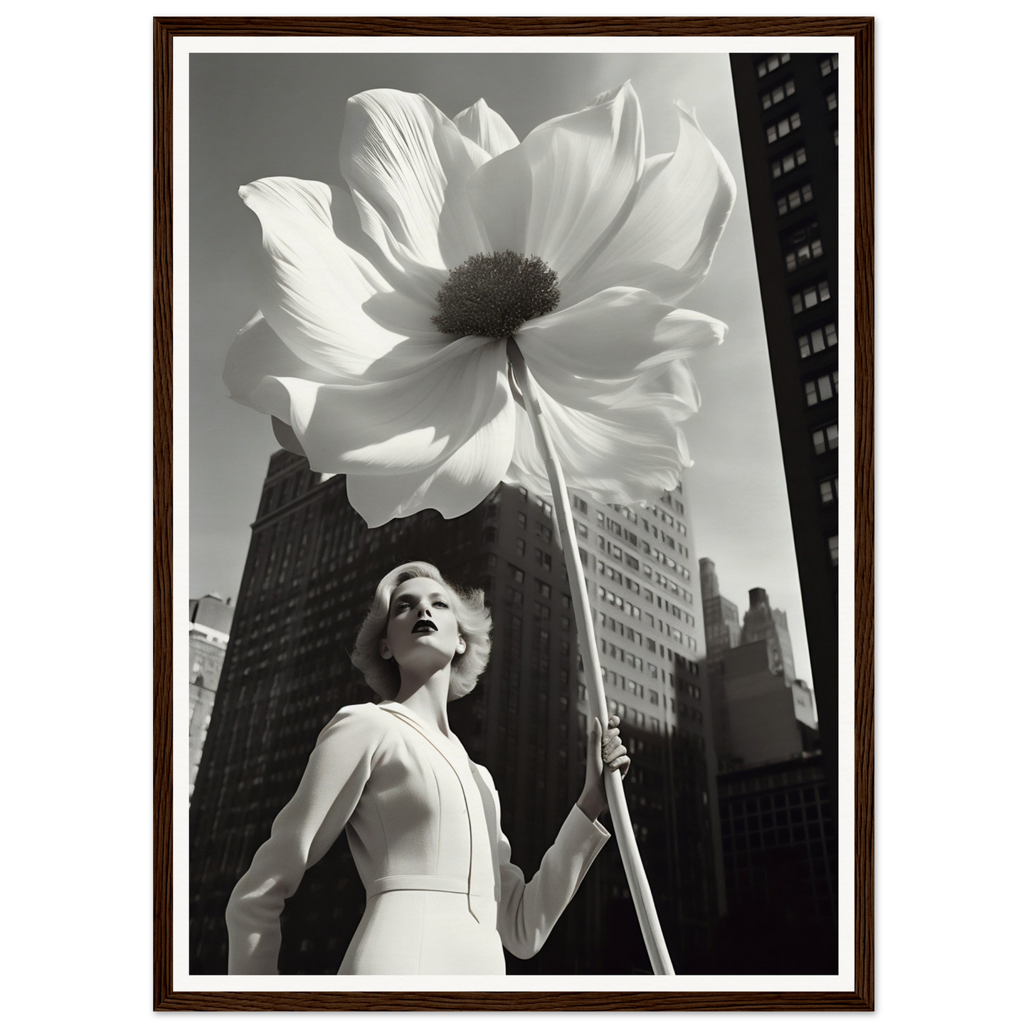 A woman holding a large white flower in front of a tall building