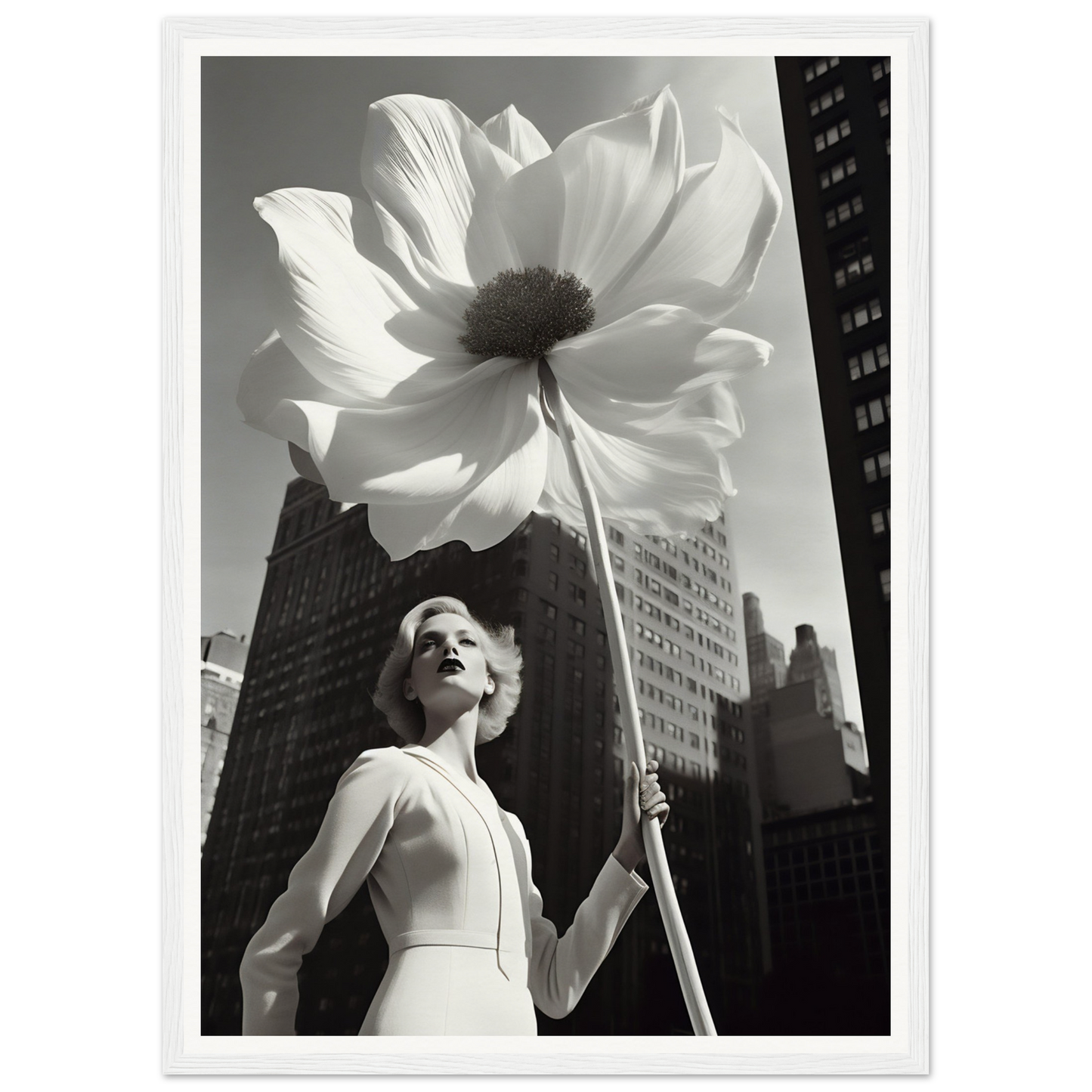 A woman holding a large white flower in front of a tall building