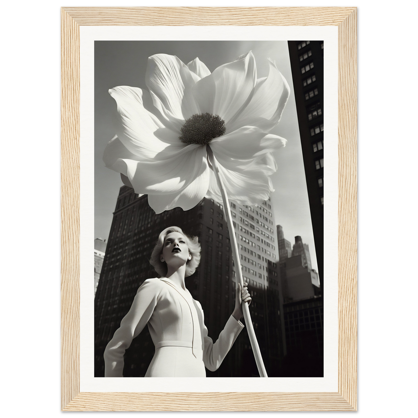 A woman holding a large white flower in front of a tall building