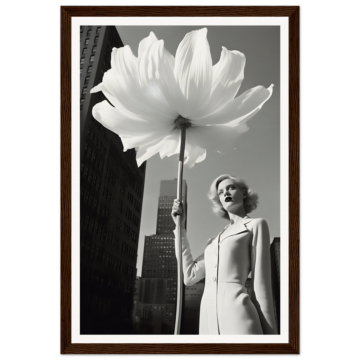 Flower And Glamour Girl C The Oracle Windows™ Collection holding a large white flower is an AI-generated art that can transform your space with its high quality.