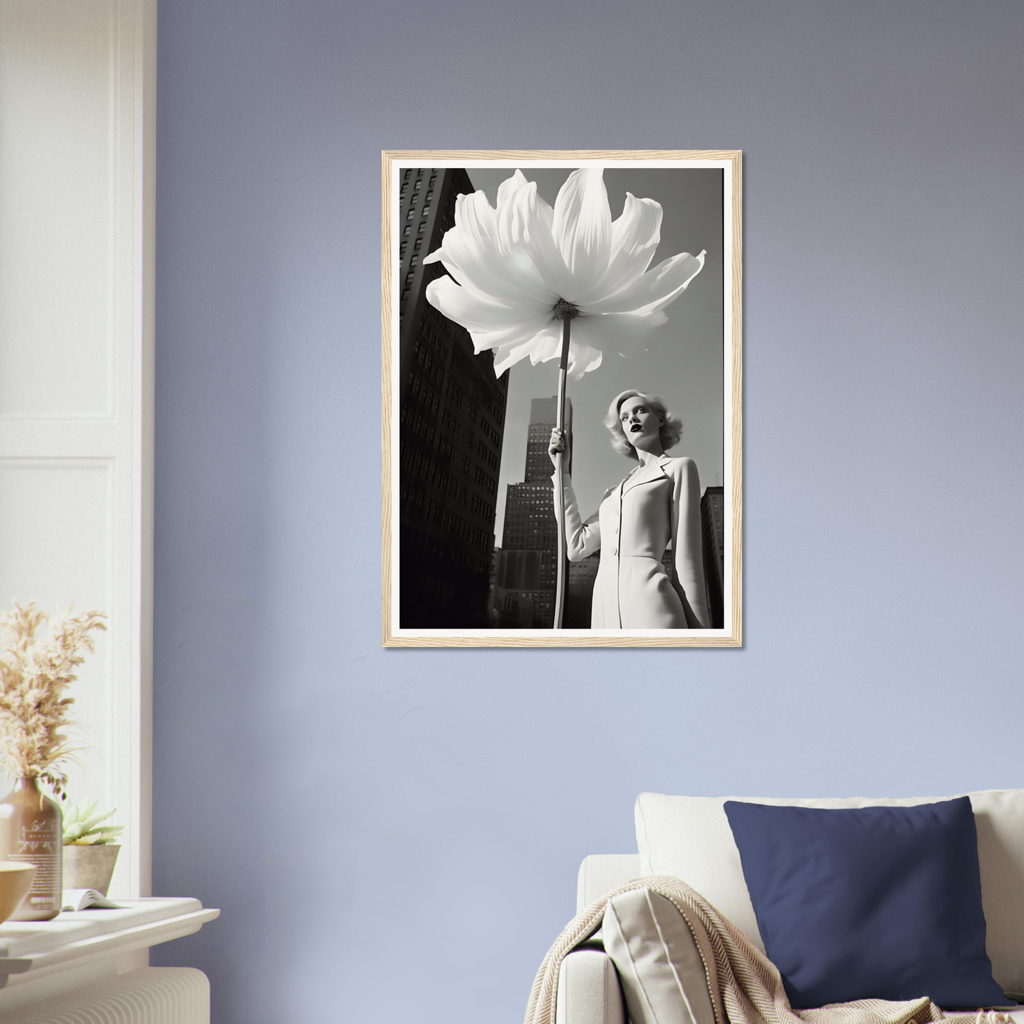 Flower And Glamour Girl C The Oracle Windows™ Collection holding a large white flower is an AI-generated art that can transform your space with its high quality.