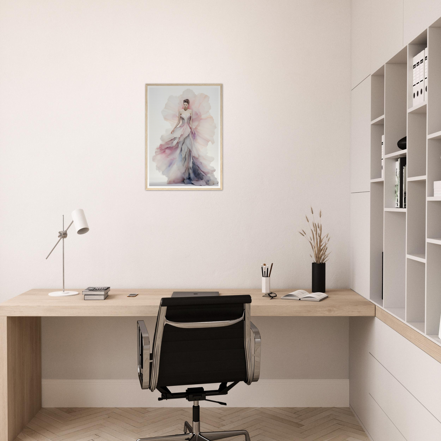 A woman in a pink dress sitting at a desk with a framed print on the wall