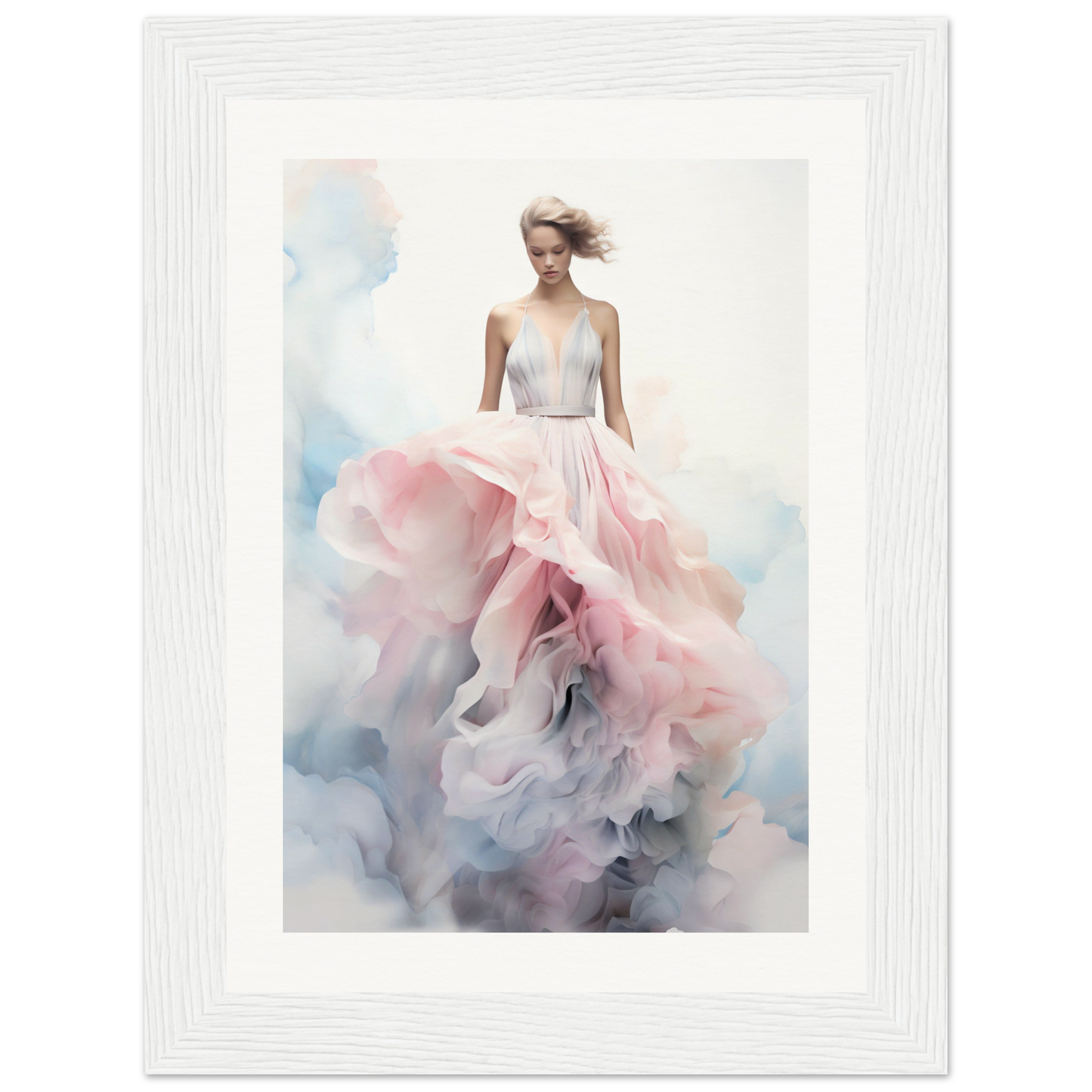 A woman in a pink dress with a white frame