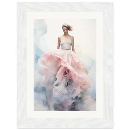 A woman in a pink dress with a white frame