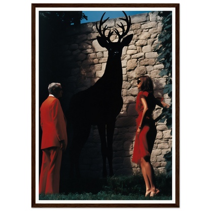 A woman in a red dress standing next to a deer