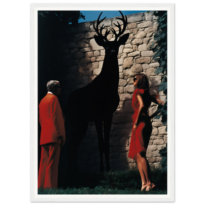 A woman in a red dress standing next to a deer