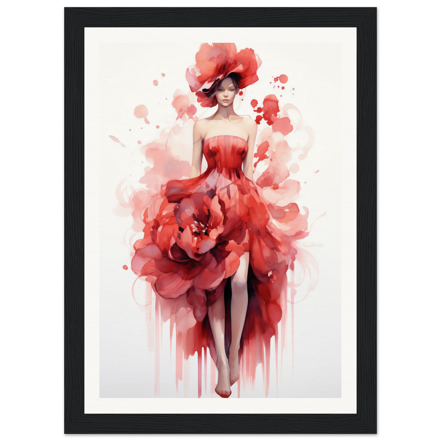 A woman in a red dress with flowers on her head and a black frame