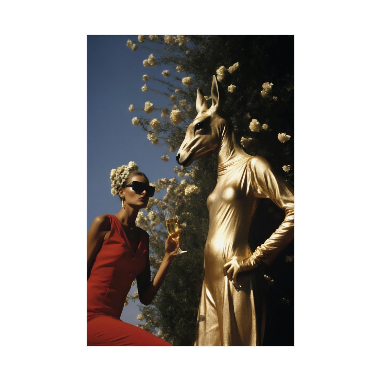 A woman in a red dress and a gold statue