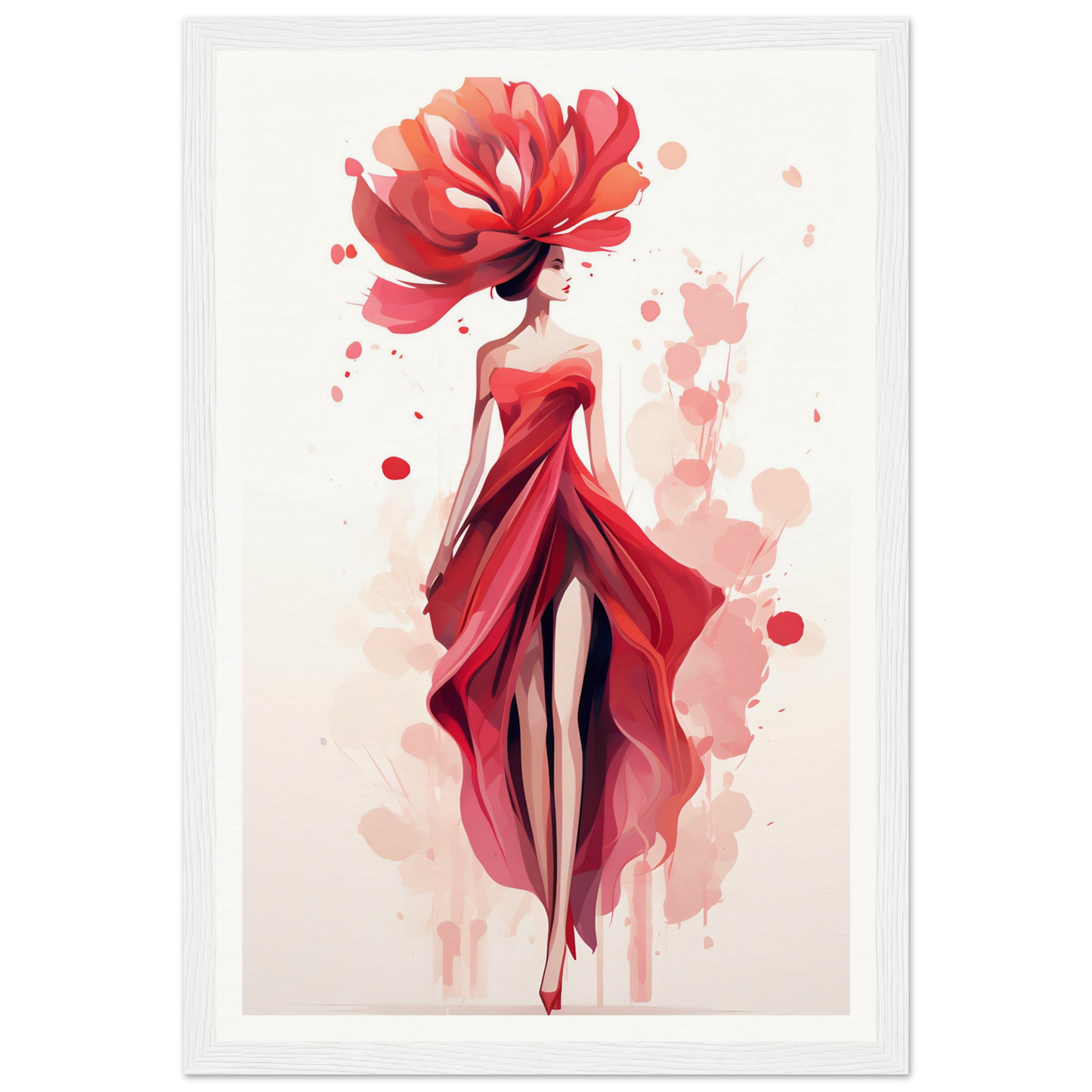 A woman in a red dress with a large flower on her head