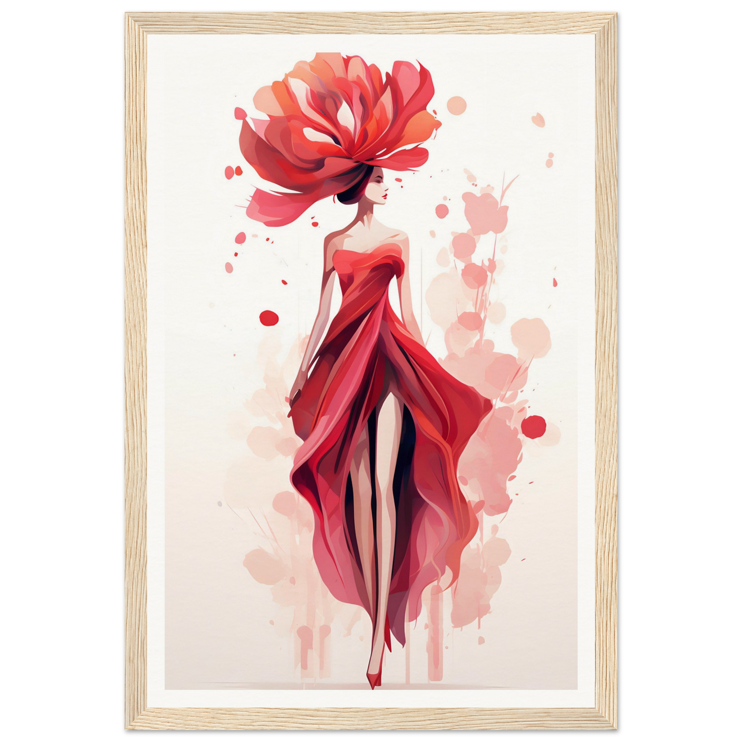 A woman in a red dress with a large flower on her head