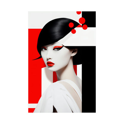 A woman with red lipstick and black hair