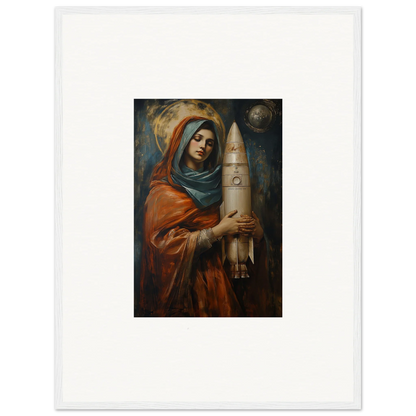 Woman in religious attire holding missile-like object for Quantum Atelier wall art