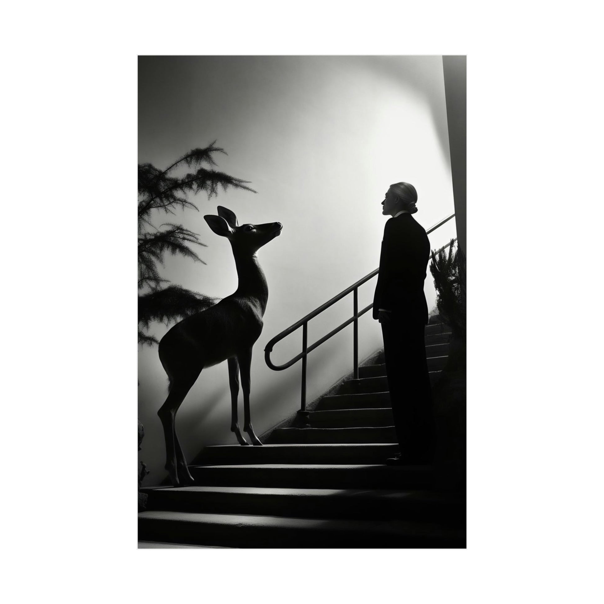 A woman standing on a stair next to a deer