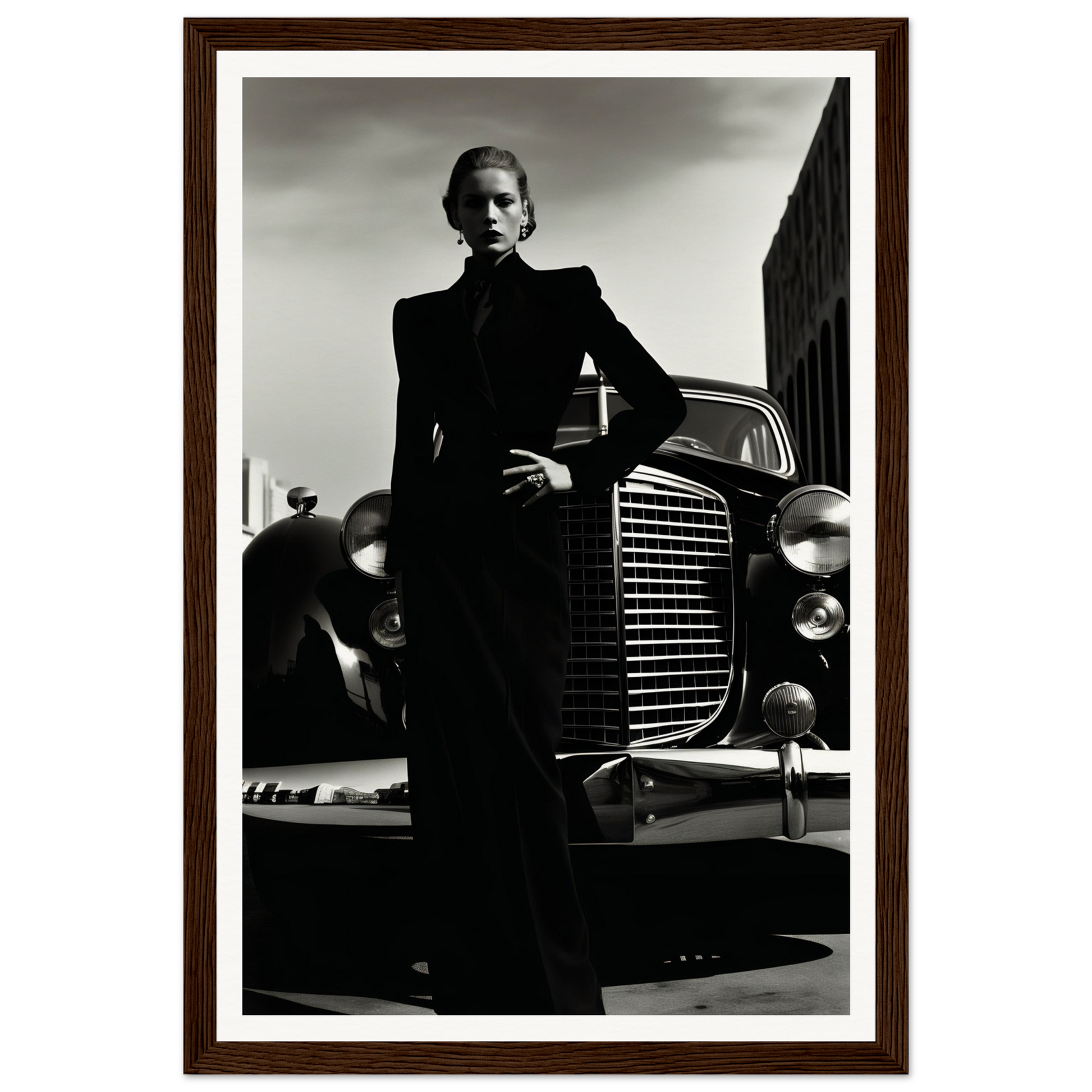 A woman standing next to an old car, perfect for a Helmut Wannabe The Edge The Oracle Windows™ Collection wall art poster for my wall.