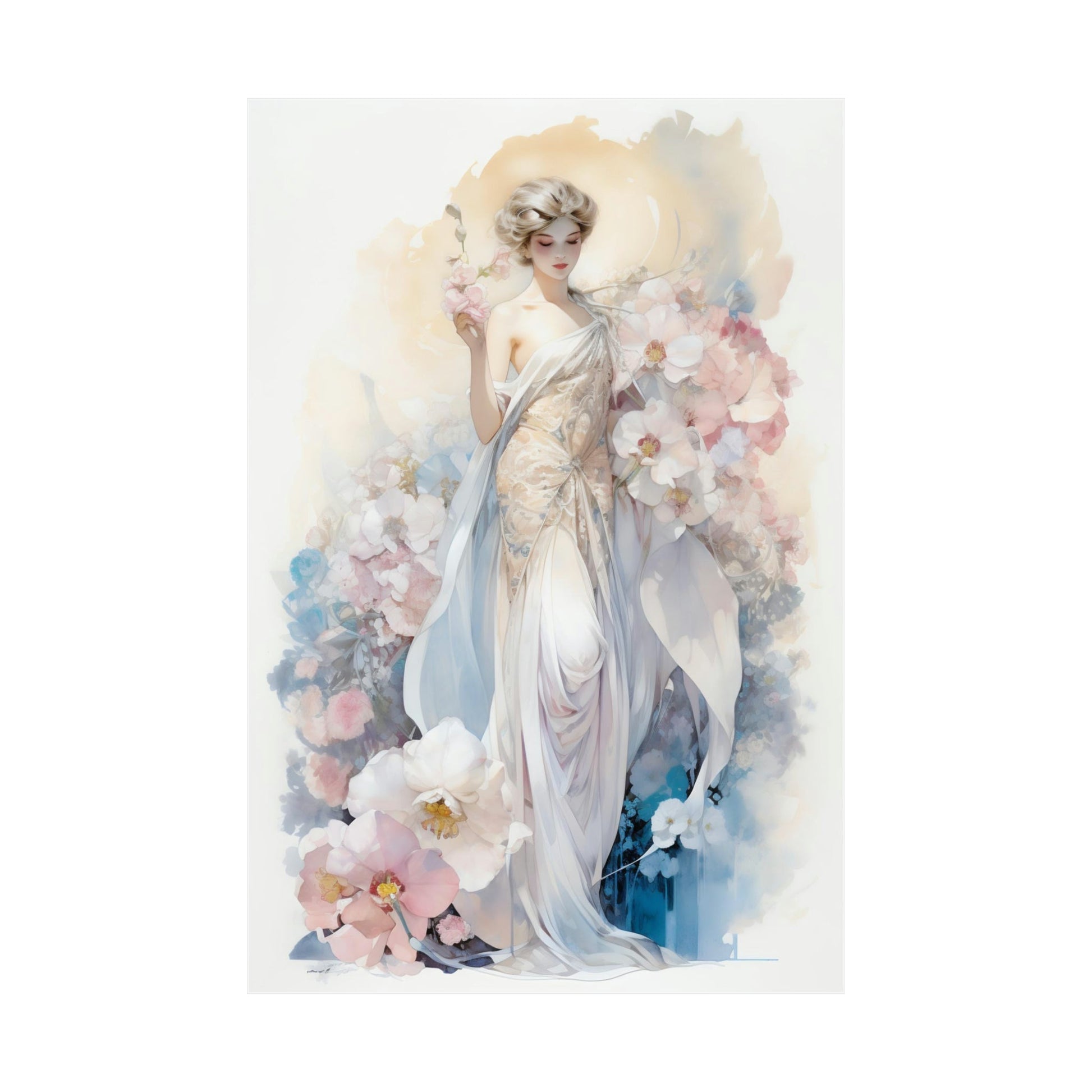 A woman in a white dress with flowers