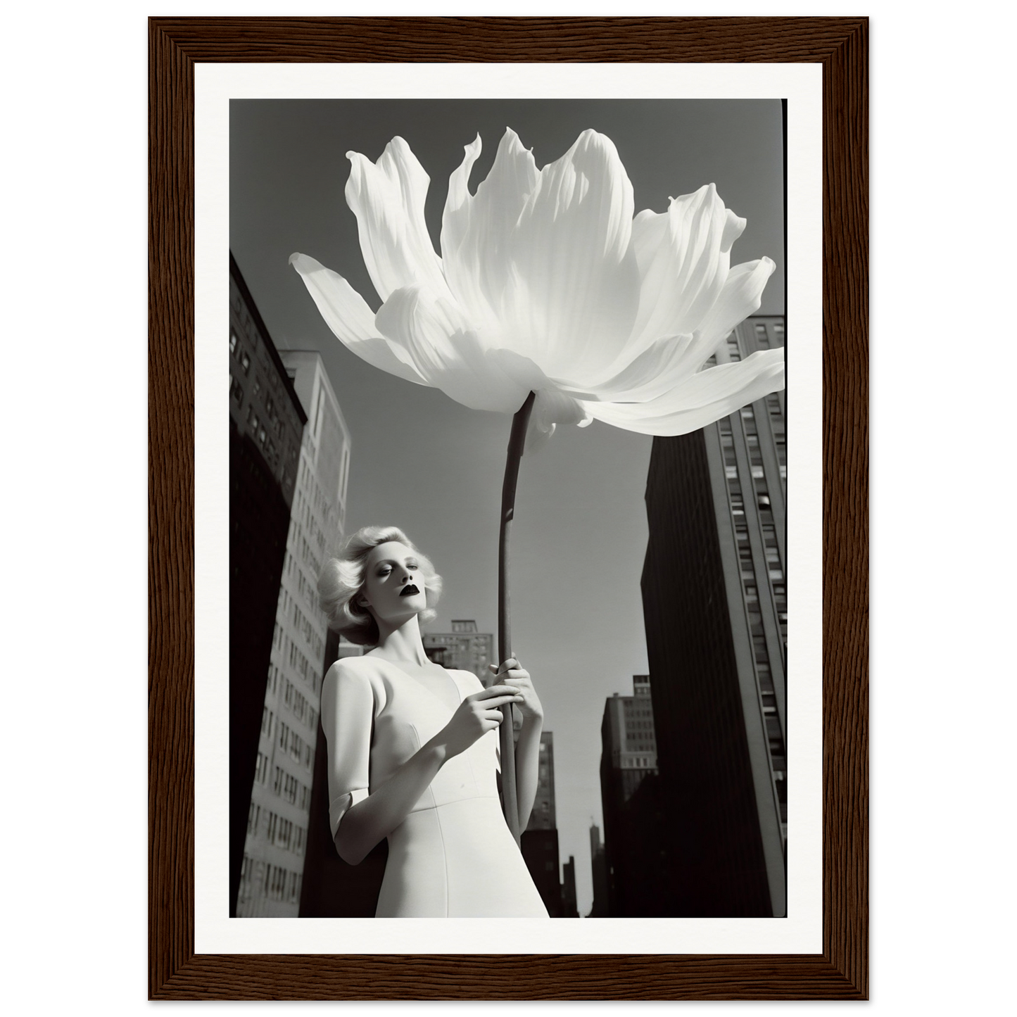 Marilyn Monroe holding a large white Flower And Glamour Girl D The Oracle Windows™ Collection is depicted in this poster that can transform your space with AI-generated art.