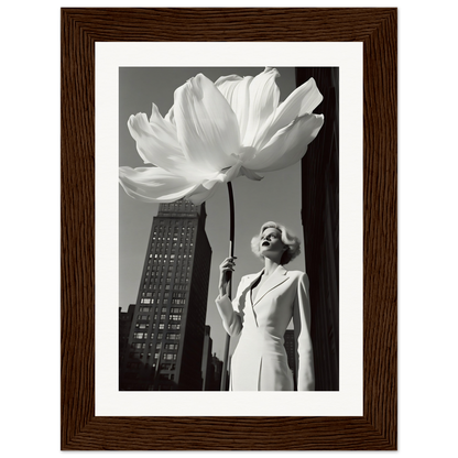 A woman holding "Flower And Glamour Girl A The Oracle Windows™ Collection" in front of a building, perfect for a poster for my wall.