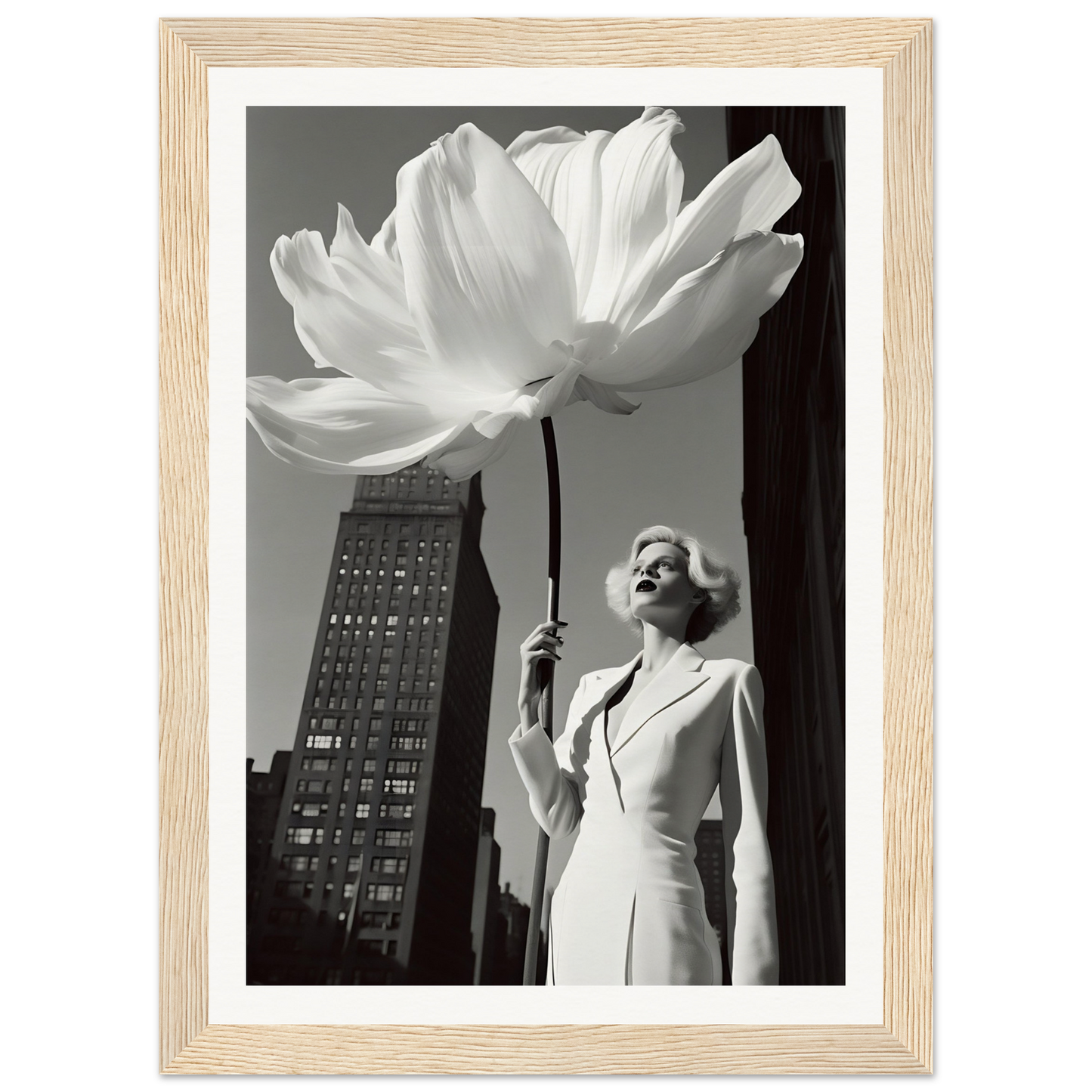 A woman holding "Flower And Glamour Girl A The Oracle Windows™ Collection" in front of a building, perfect for a poster for my wall.