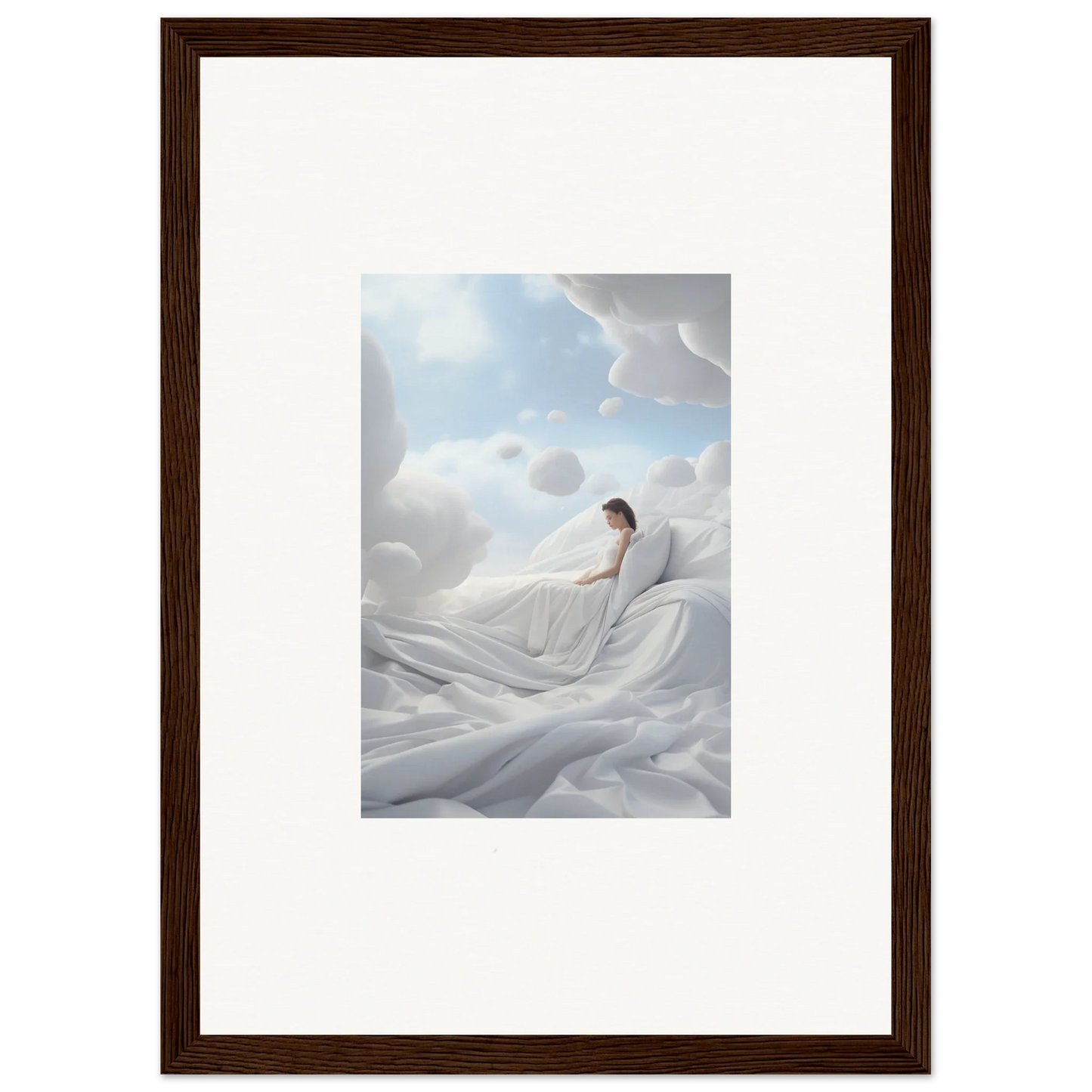 Woman peacefully sleeping on soft cotton dream fabric, ideal for room decor and framed wall art