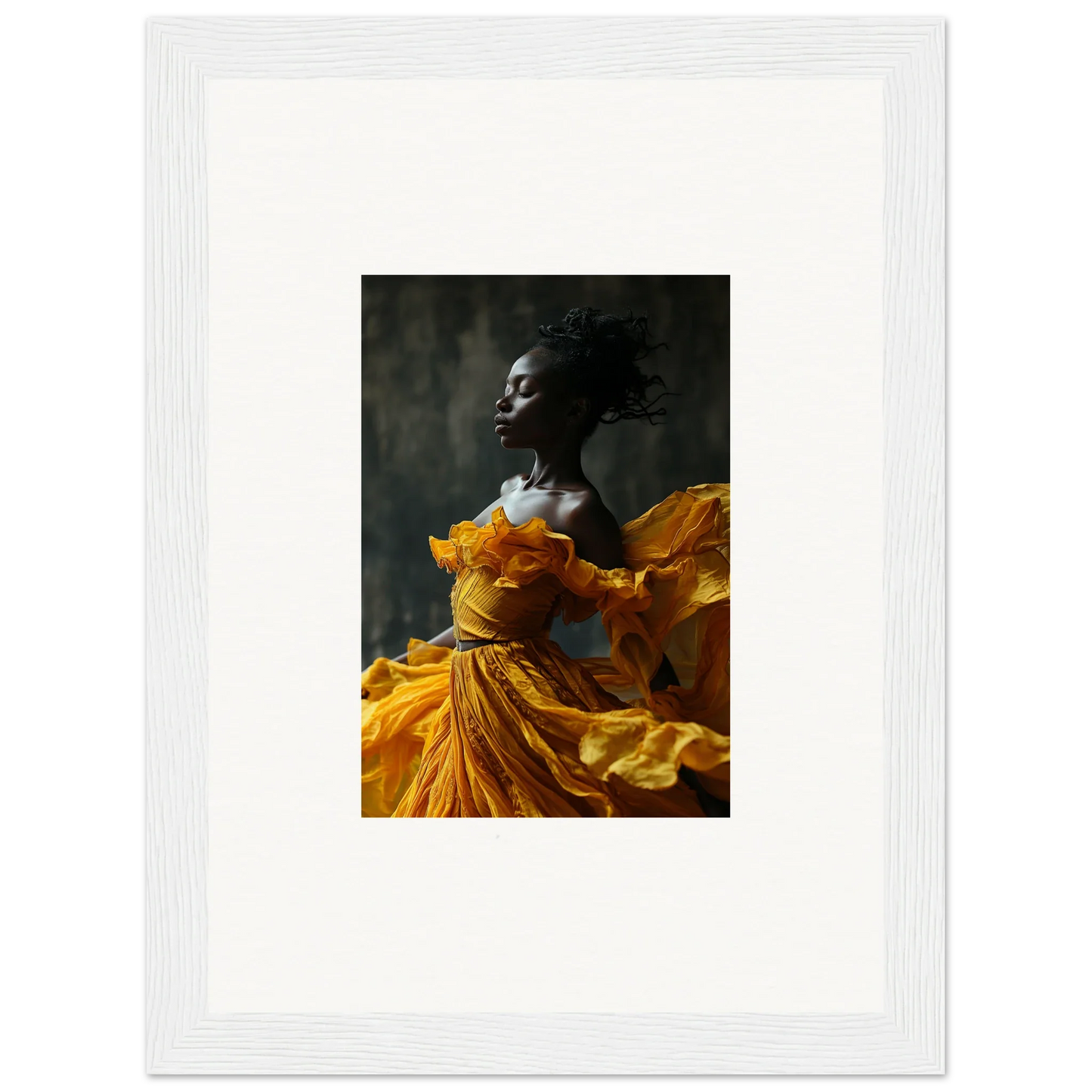 Woman in a flowing yellow dress for Sunlit Whispers framed wall art, perfect room decor