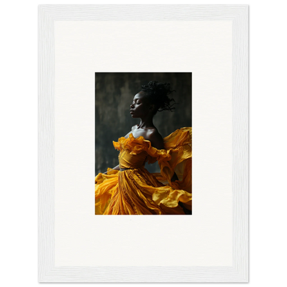 Woman in a flowing yellow dress for Sunlit Whispers framed wall art, perfect room decor