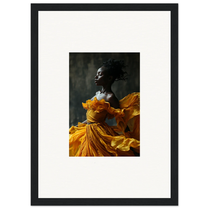 Woman in a flowing yellow dress captures Sunlit Whispers in stunning wall art