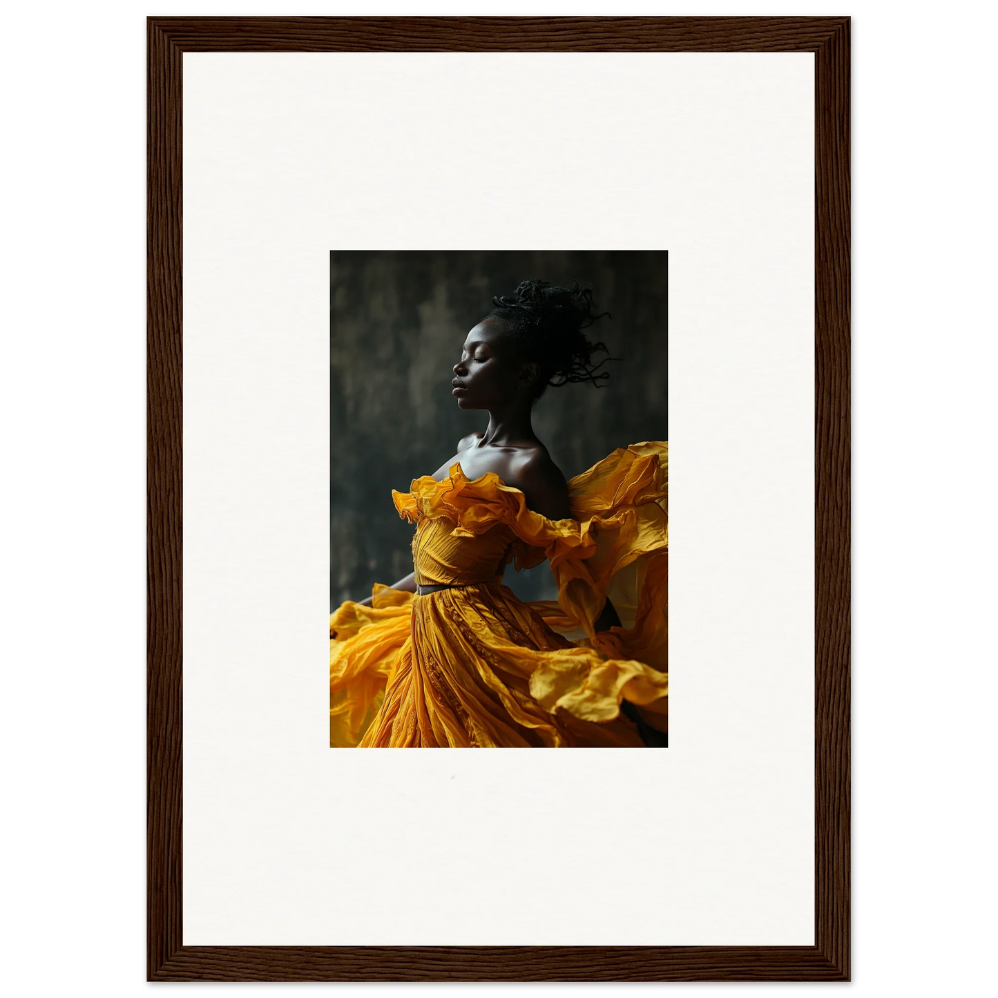 Woman in a yellow dress with hair in motion, embodying sunlit whispers in wall art