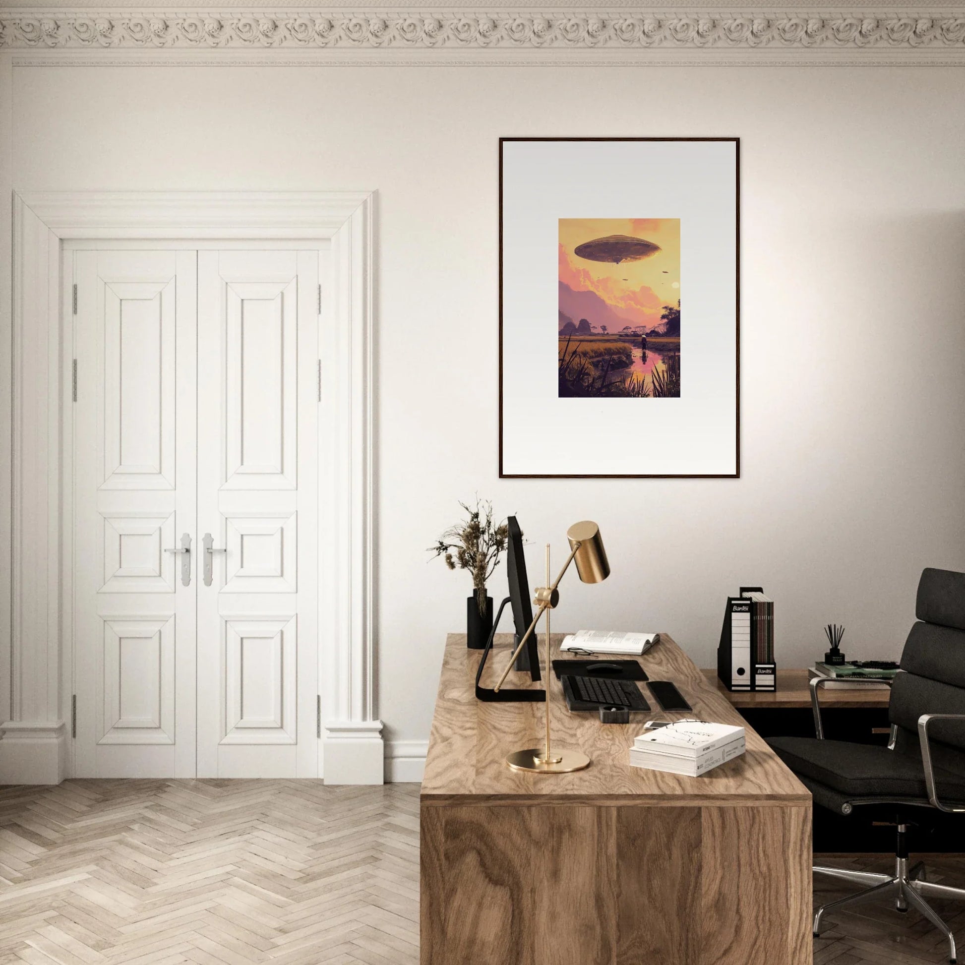 Minimalist workspace with wooden desk, typewriter, and books for Mindship Landing room decor