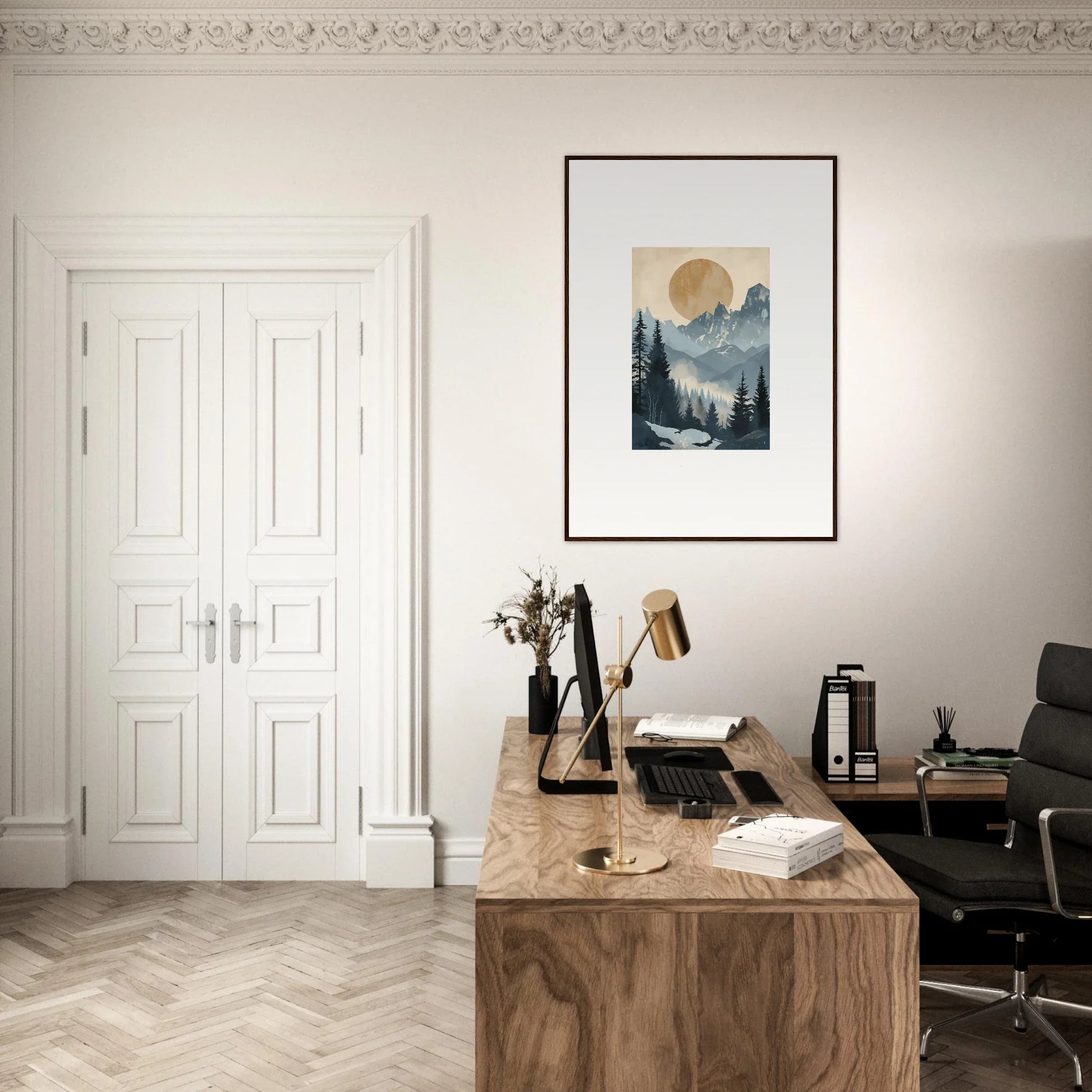 Wooden desk with a typewriter and books in a minimalist workspace for alpine serenade room decor