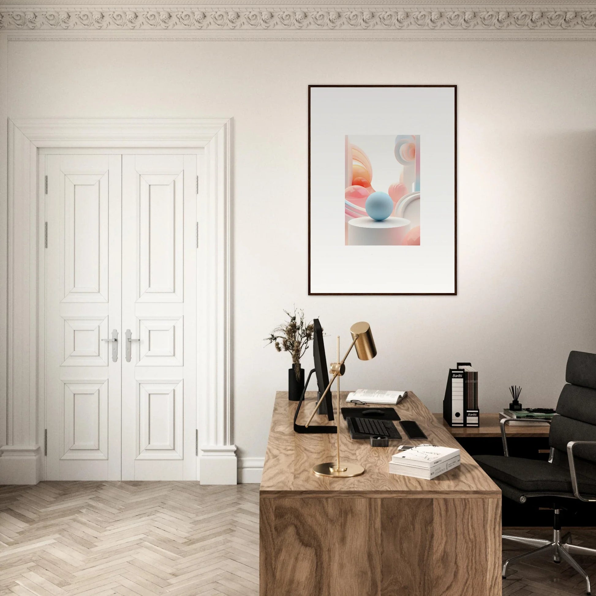 Wooden desk with a typewriter and office supplies, perfect for Cosmic Timeless room decor