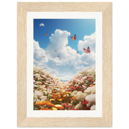 A wooden frame with a picture of a field of flowers and butterflies