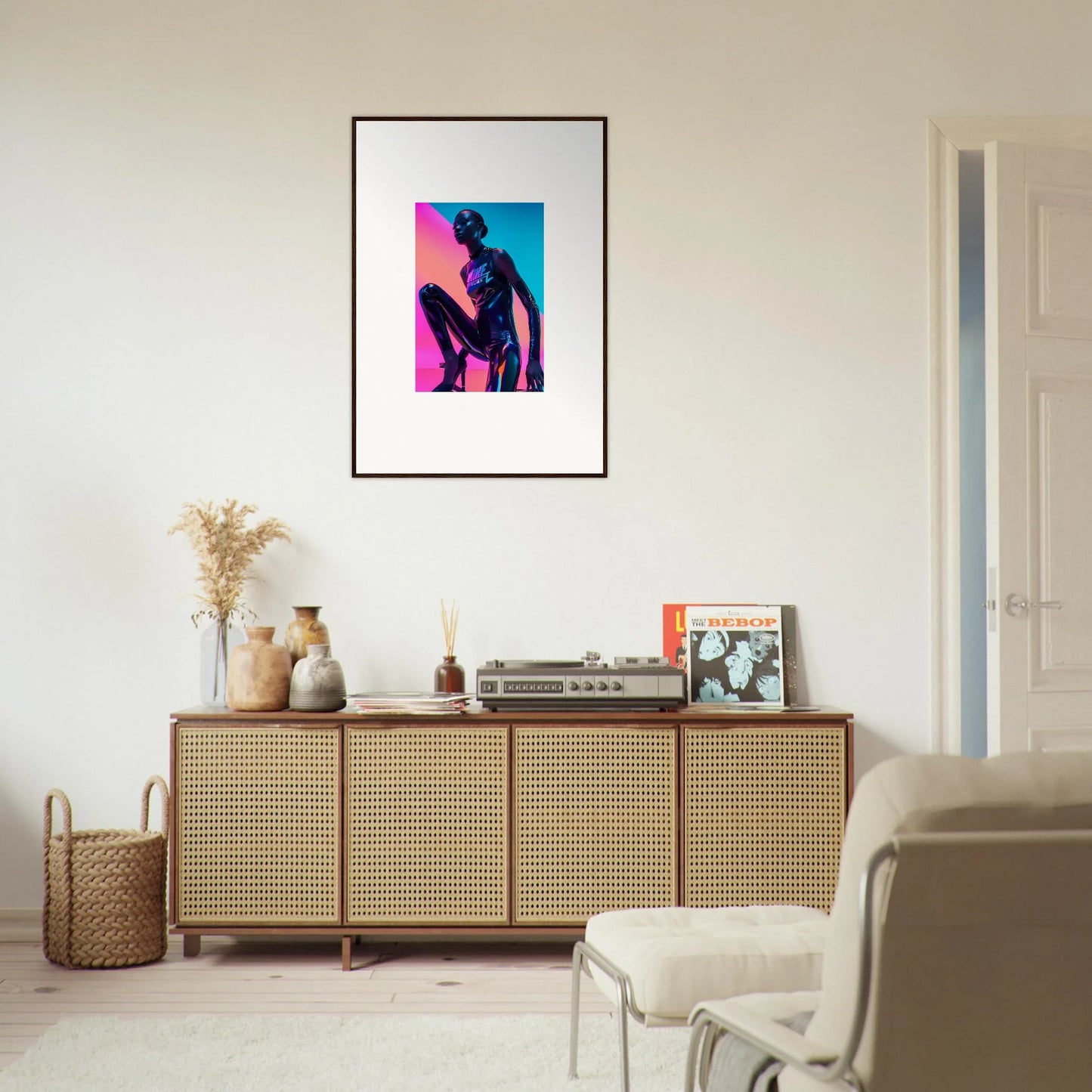 Wooden sideboard with cane doors and Neon Symphony framed wall art for stylish room decor