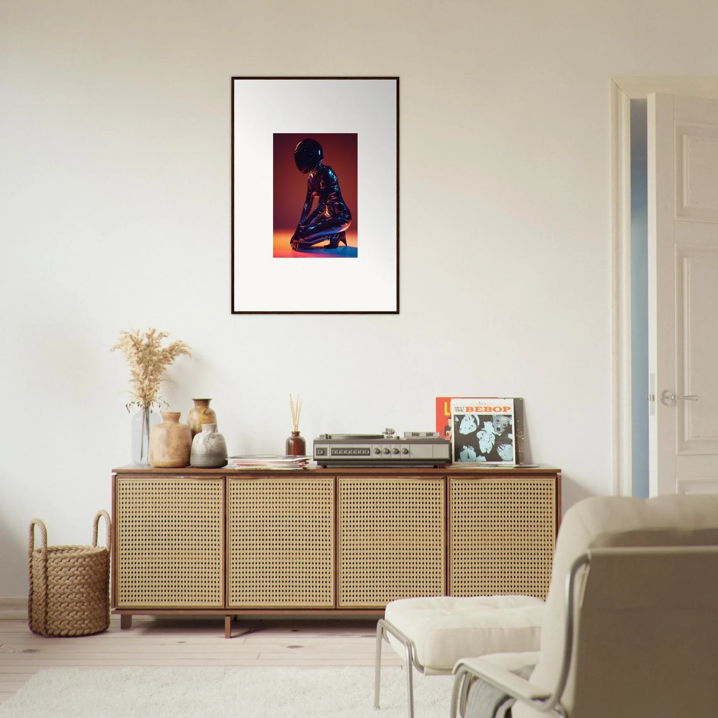 Wooden sideboard with cane-webbed doors, ideal for enhancing room decor with Night Oracle