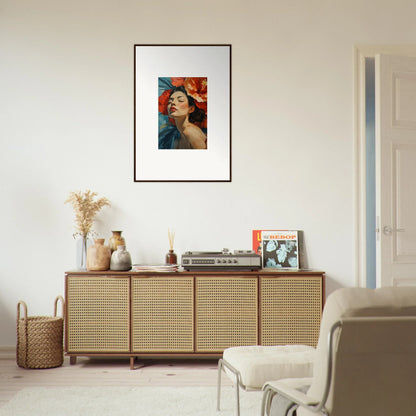 Wooden sideboard with cane-webbed doors and framed wall art for stylish room decor