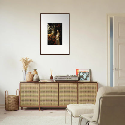 Wooden sideboard with cane-webbed doors and decorative items on top.