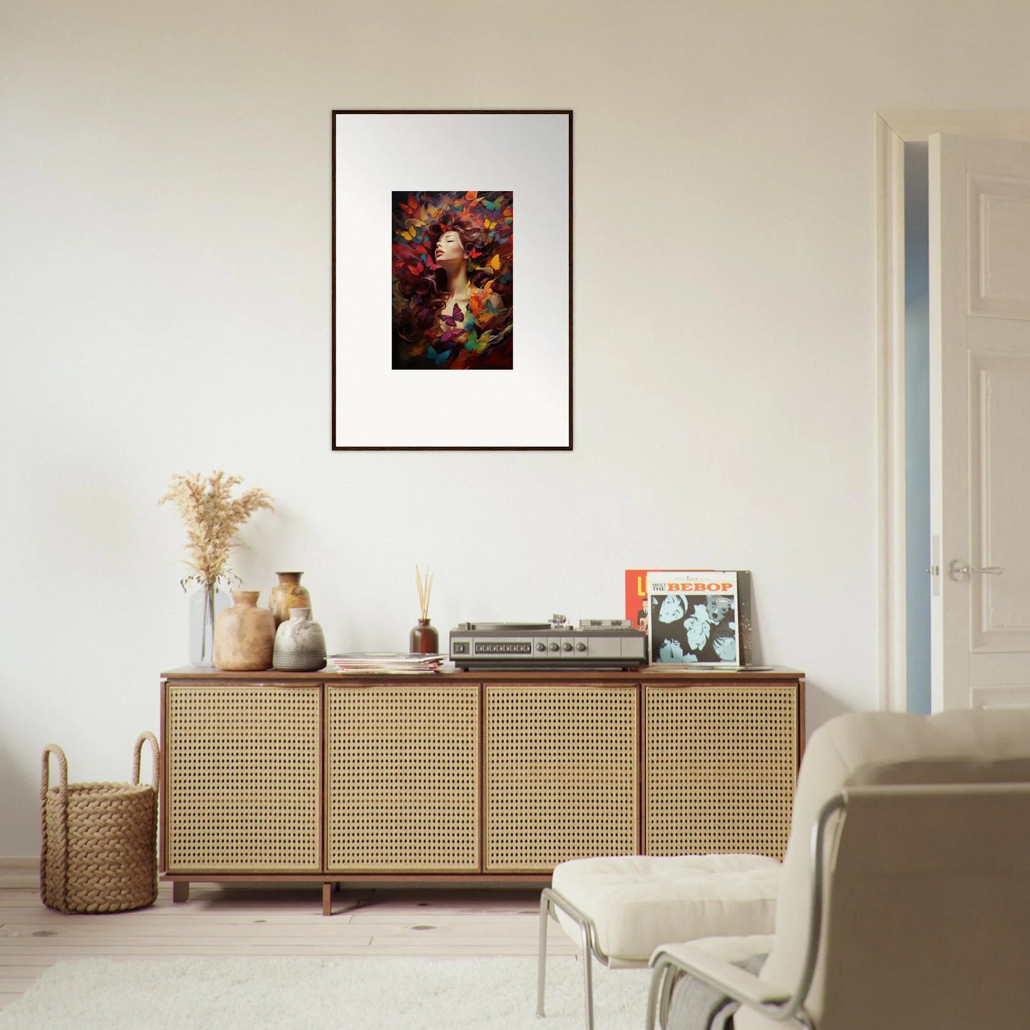 Wooden sideboard with cane doors and decor, perfect for Dream Cascade room decor