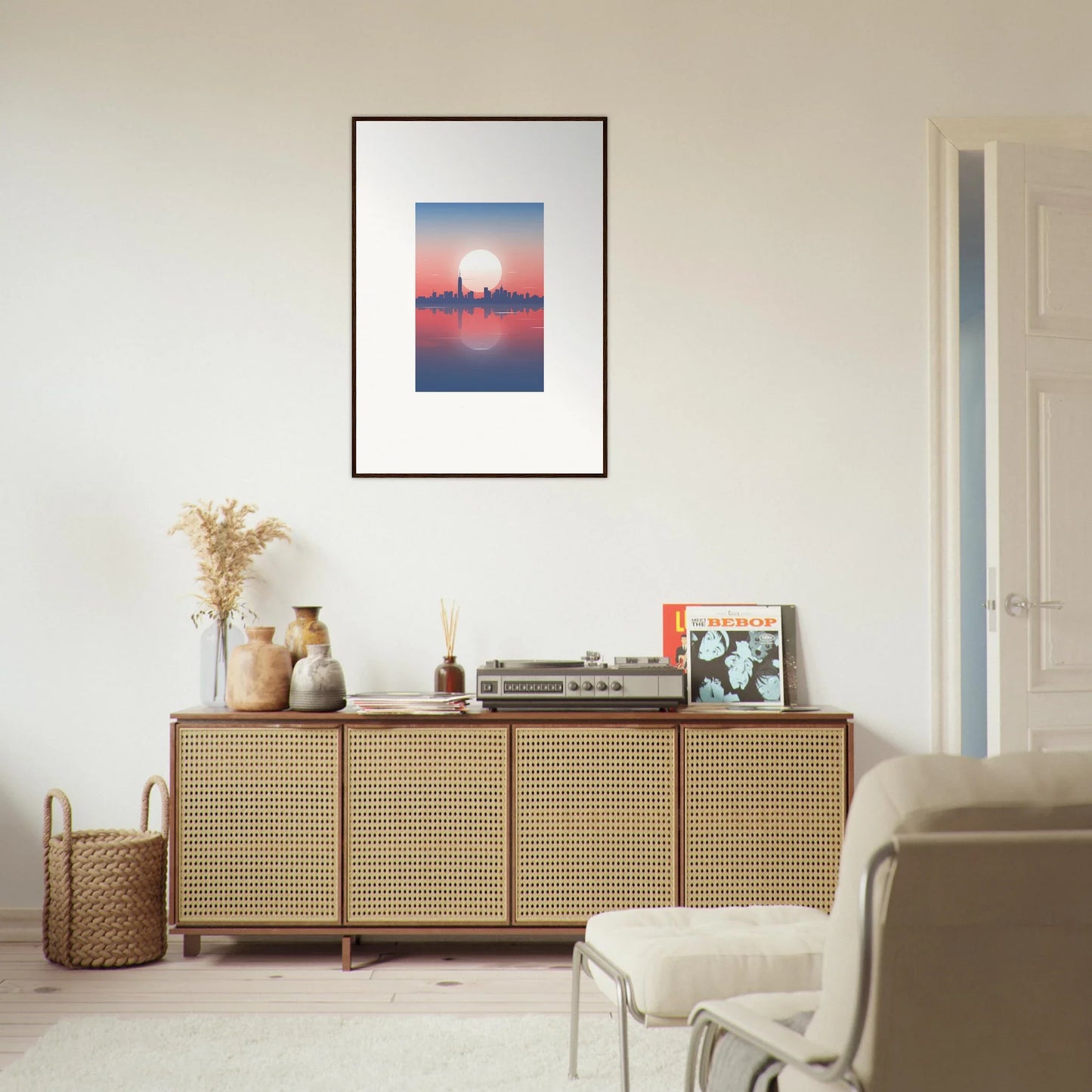 Wooden sideboard with cane-webbed doors, perfect for Dusk Memento room decor