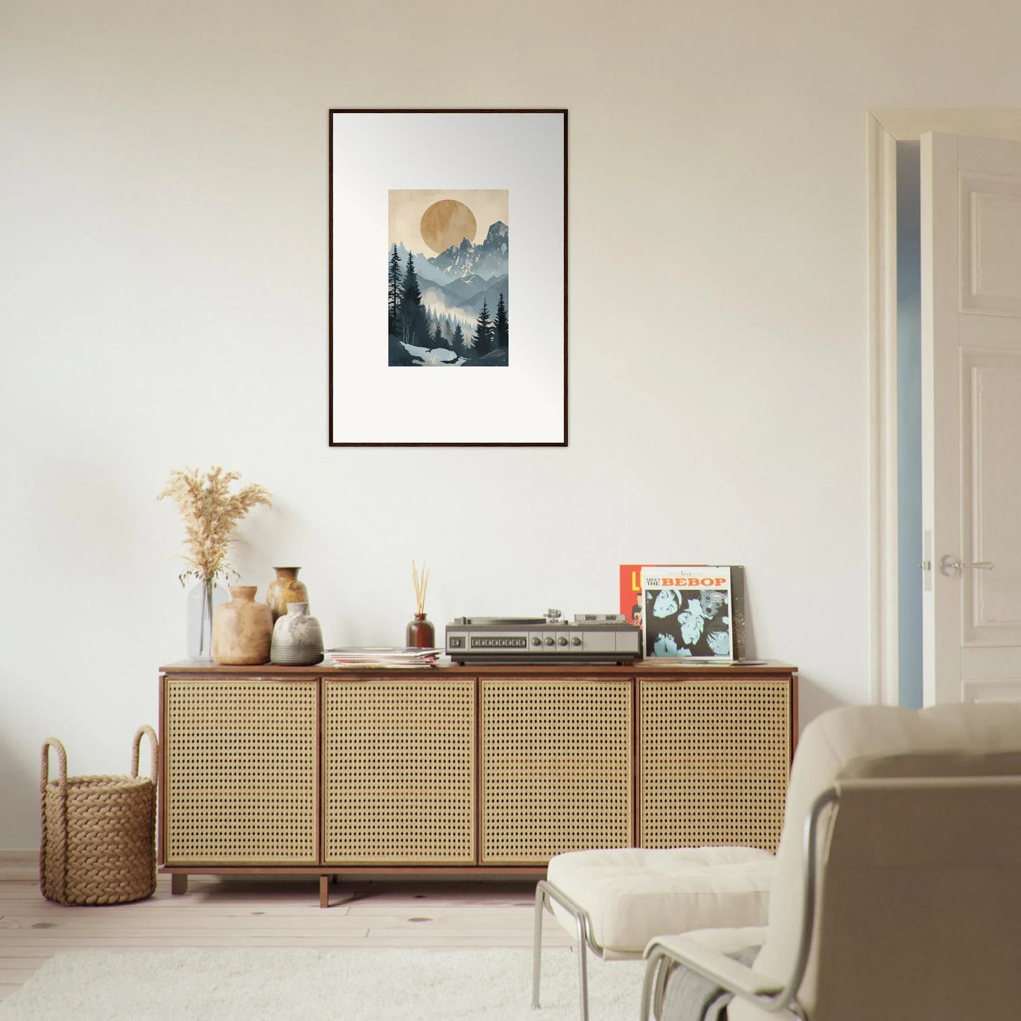 Stylish Wooden Sideboard with Cane-Webbed Doors for Alpine Serenade Room Decor